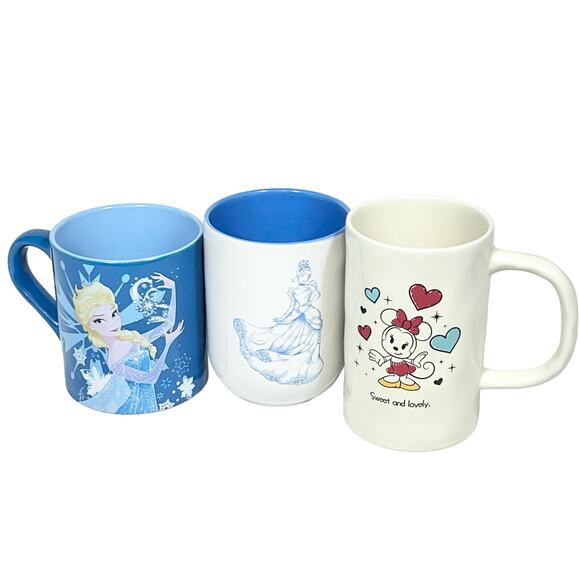 Disney Mugs Lot 3 Authentic Frozen Cinderella Minnie Mouse Coffee Tea Mug Set - Picture 1 of 10